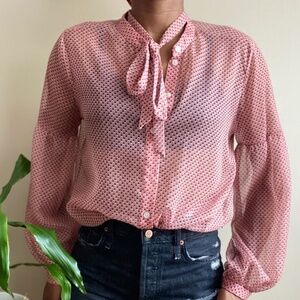 Sheer Pastel Mauve Pink Dotted Ballon Sleeve Blouse